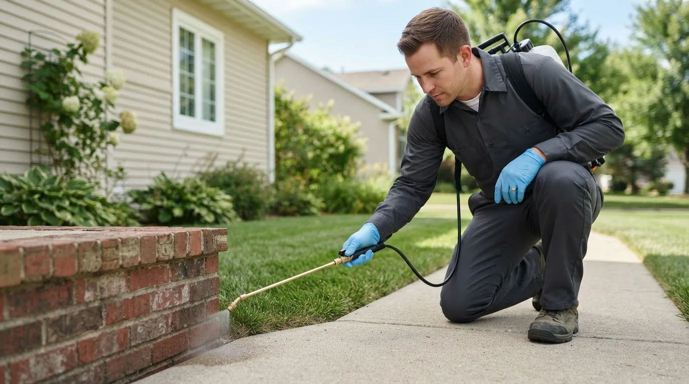 Pest control technician treating a home near New Stuyahok, AK